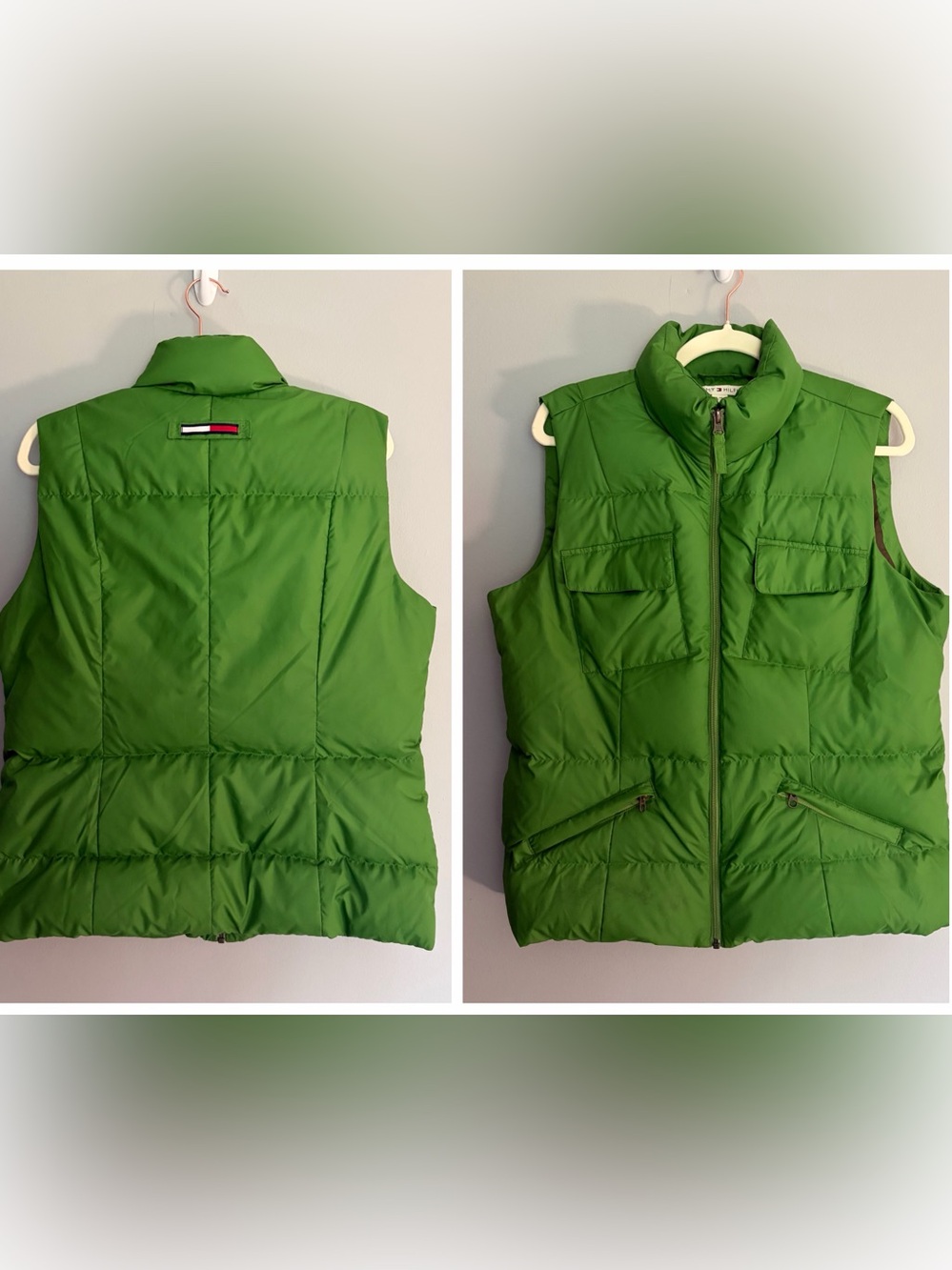 Y2K Tommy Hilfiger Puffer Vest Size L Apple Green Quilted Down Full Zip Coastal